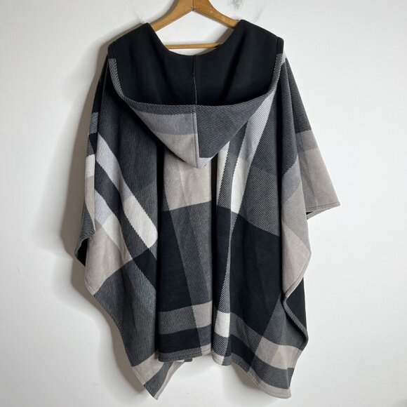 Rachel Roy Women's Fleece Cape Poncho One Size Black Plaid Hooded Open Jacket - Picture 4 of 6